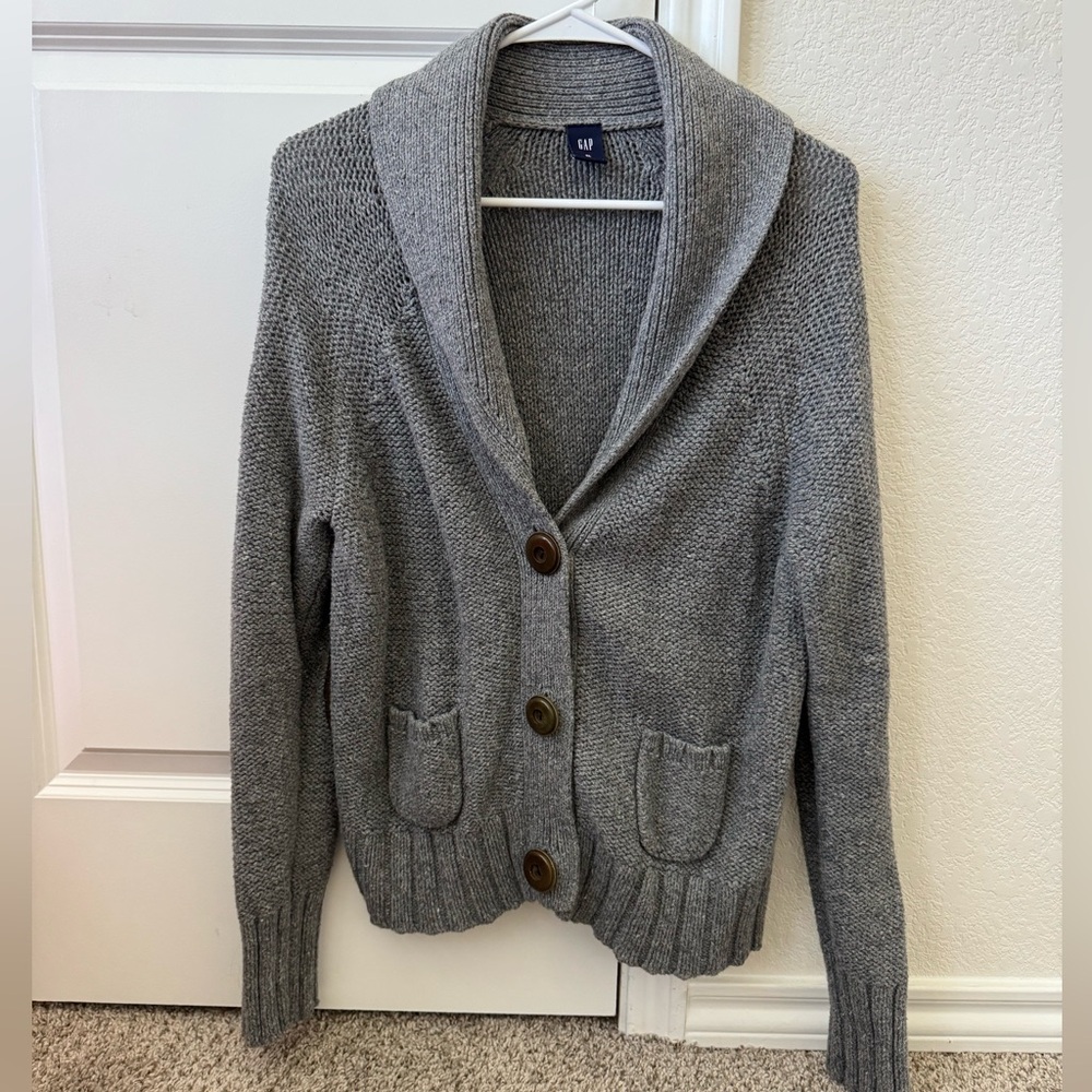GAP Gray Cardigan Shawl Collar Ribbed Hem